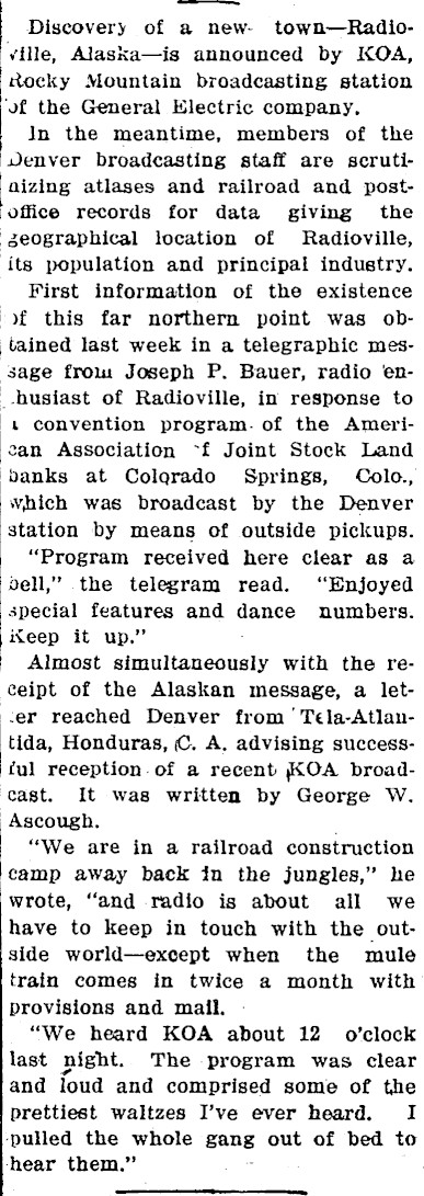 Aspen Times Sept 10, 1925 Radioville Article